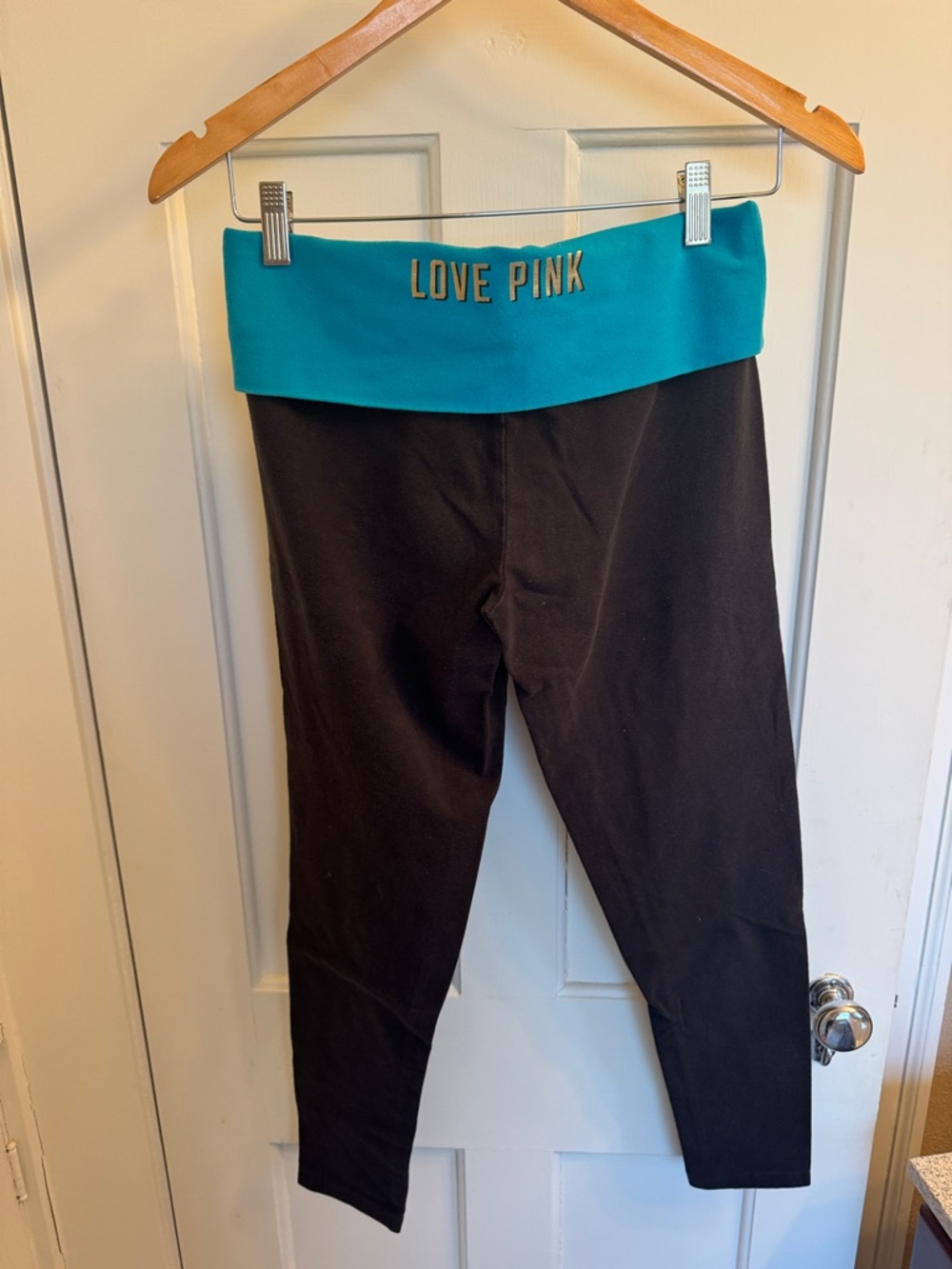 2010s PINK Victoria's Secret Leggings with Teal Fold-Over Waistband